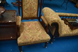 A Victorian mahogany framed salon suite, comprising chaise longue , gents and ladies easy chairs