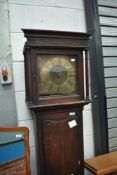 A period oak long cased clock having single hander brass dial , named for Presbury, Coventry