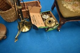 An Art Nouveau paraffin standard lamp, and accesories