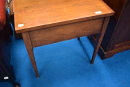 An early 20th Century stained frame sewing box on tapered legs with spade feet, approx. W55 D38