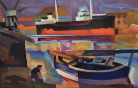 After Gabriel Couderc (1905-1995, French), coloured print, 'Cargo Ship', of Fauvist style, framed,
