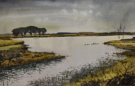 E.R. Roberts (20th Century), watercolours, Two landscapes including a floodplain, signed