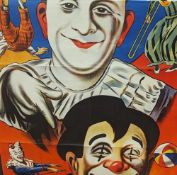 A 1930s coloured poster depicting circuis clowns, measuring approximately 100cm x 150cm