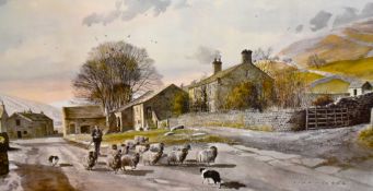 After Alan Ingham (1920-1994), coloured print, 'Down From The Hills', A sheep farming scene, framed,