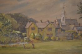 W.H. Brockbank (19th/20th Century), watercolour, A country house and its gardens with groundsmen