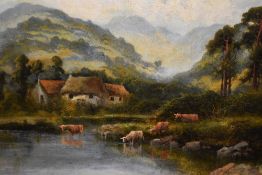 William Langley (c.1880-1920, British), oil on canvas, Watering cattle in a Scottish Highland