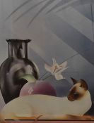 In the style of Carlos Rios (20th Century, Cuban), coloured print, 'Siamese Cat', framed, mounted,