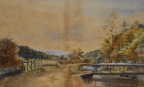 19th Century British School, watercolours, Two illustrations - one portraying a footbridge passing