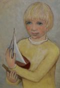 20th Century, oil on board, A nostalgic portrait of a young, blonde-haired boy holding a pond yacht,