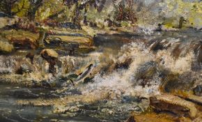 19th Century British School, oil on board, Salmon leaping (possibly Sedgwick River), signed