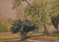 Florence R. Walker (20th Century), watercolour, 'Sawley Village Orchard' - Trees beside a garden