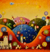 After AJ Callan (b.1958, British), coloured print, 'The Hills Are Alive', framed, measuring 60cm x