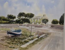 Colin Pickering (20th Century, British), watercolour, A coastal scene with moored 'Lindisfarne' boat