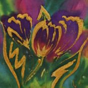 Caren Threlfall (Contemporary, British), mixed media on silk, Two colourful flower head studies,