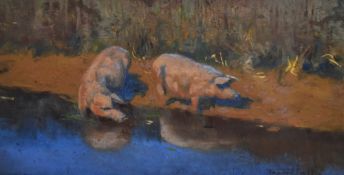 Frederick Hall (1860-1948, British), oil painting, Pigs beside a river, in the Impressionist
