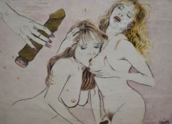 Tom Dearden (1942-2020, British), mixed media, Two erotic illustrations featuring nude women, signed