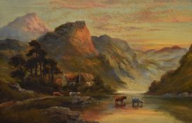 William Langley (c.1880-1920, British), oil on canvas, Watering cattle in a sunlit Scottish Highland