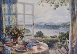 After Stephen Darbishire (b.1940, British), coloured print, 'Summer Flowers and Afternoon Tea',
