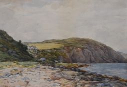 Alexander Kellock Brown (1849-1922, Scottish), watercolour, A shoreline view with houses beside