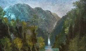 After Suh Jin Hee (20th Century, Korean), foil print, An idyllic Oriental landscape with a cliff top