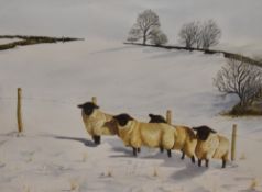 20th Century School, watercolour, A winter scene with four black faced lambs, framed, mounted, and