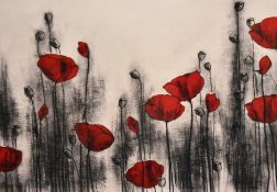 After Hans Andkjaer (contemporary), coloured prints, Three decorative illustrations of poppies,
