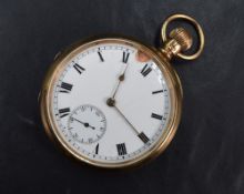 A 9ct gold top wound pocket watch having Roman numeral dial with subsidiary seconds to white