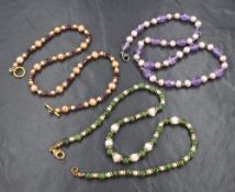 Three pearl and multi stone bead necklaces including jade & amethyst style