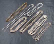 Six white metal chains stamped 925/silver including belcher link, box chain, decorative link etc,