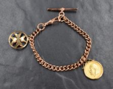 A 9ct rose gold curb link bracelet, having dog clip clasp and t-bar, with a mounted 1913 half