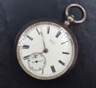 A Rhodes Kendal Victorian silver key wound open face pocket watch, the white dial with Roman
