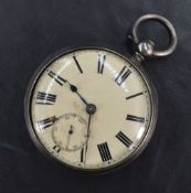 A Victorian silver open face key wound pocket watch, the white dial with Roman numerals and