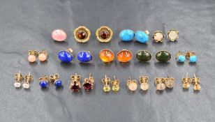 A selection of polished stone and mineral earrings, all in yellow metal mounts for pierced ears,