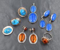 A pair of Baltic Amber and white metal earrings with matching ring, a similar pair of Turquoise