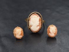 A shell cameo ring marked 9ct, depicting a maiden in profile, sold along with a pair of 9ct gold