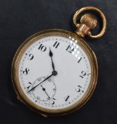 A gold plated open face top wound pocket watch, the white dial with Arabic numerals and subsidiary