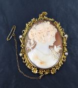 A large shell cameo brooch, depicting a maiden in profile with a bird, set in an ornate floral and