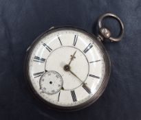 A large silver, open face pocket watch, the white dial with Roman numerals and subsidiary dial at 6,