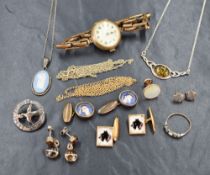 An assortment of silver and gold plated jewellery, including a gold plated wristwatch, two pairs