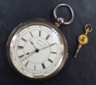 A Victorian silver key wound chronograph pocket watch having Roman numeral dial with further