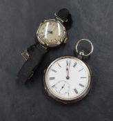 A silver open face pocket watch, the white dial with Roman numerals and subsidiary dial at 6, the