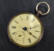 A silver open face key wound pocket watch, the white dial with Roman numerals and subsidiary dial,