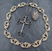 Three pieces of silver and white metal jewellery including oversized cross pendant and chain, silver
