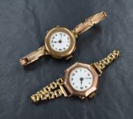 Two 9ct gold cased wristwatches, one of circular form with a 9ct gold bracelet strap, the other of