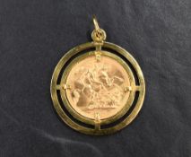 An Elizabeth II 1976 sovereign, mounted in a 9ct gold circular open work pendant mount, 12.8g gross