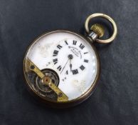A white metal open face pocket watch, the white dial with Roman numerals and visible movement,