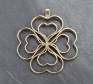 A large 9ct gold openwork floral motif pendant, 10.4g, 4.5cm W x 5.3cm L including loop
