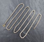 A white metal rope chain, marked 950 to clasp but tests as sliver, 82cm, 23.5g