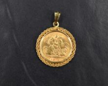A George V 1914 half sovereign, mounted in a 9ct gold circular rope chain pendant mount, 5.9g gross