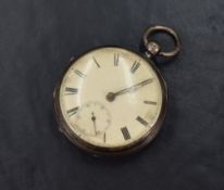 A Victorian silver open face key wound pocket watch, the white dial with Roman numerals and